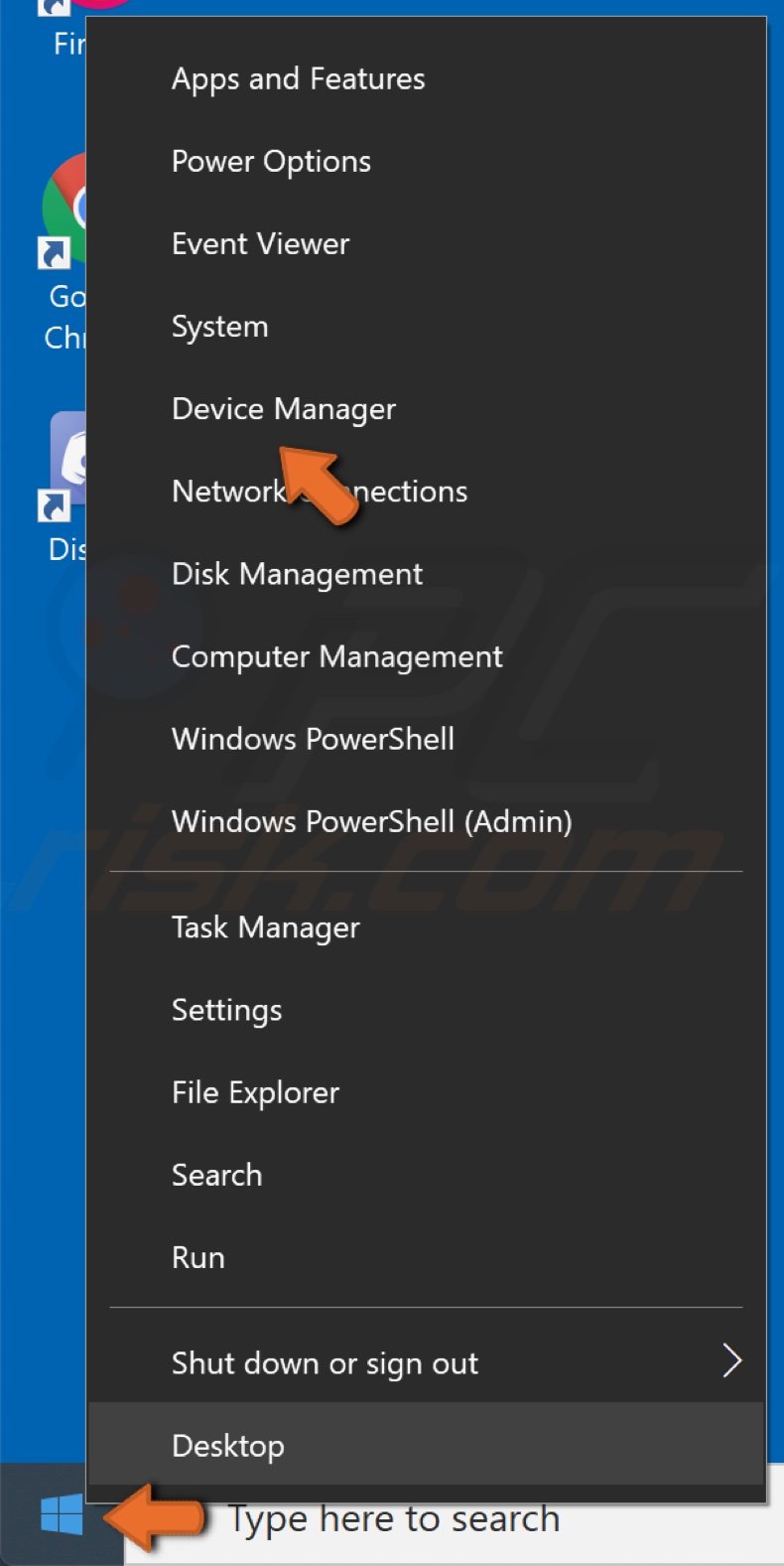 Right-click the Start button and click Device Manager