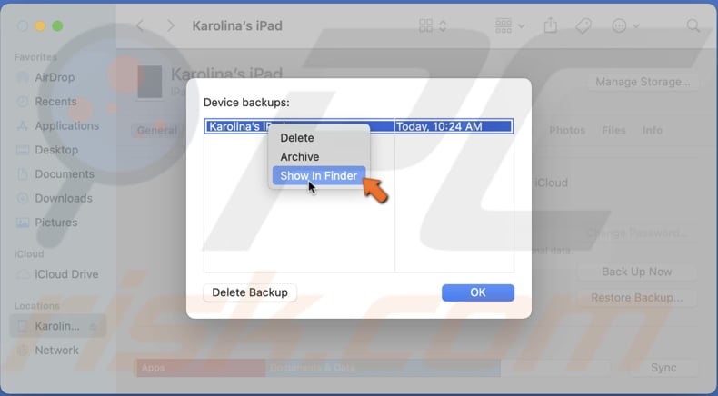 Show specific backup in Finder