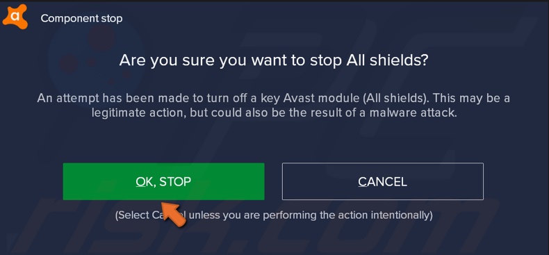 Confirm the action by clicking OK STOP