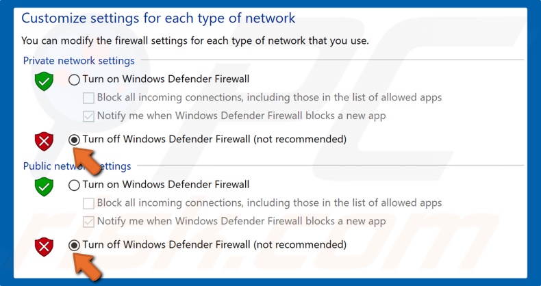 Tick Turn off Windows Defender Firewall