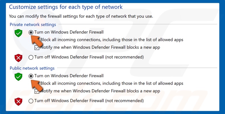 Tick Turn on Windows Defender Firewall