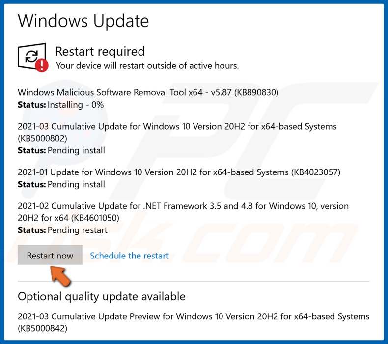 After installing Windows updates click Restart now