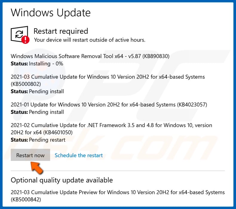 After installing Windows updates click Restart now