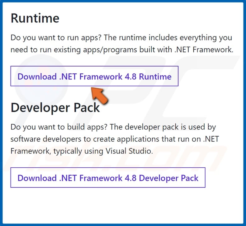 Click Download .NET Framework Runtime