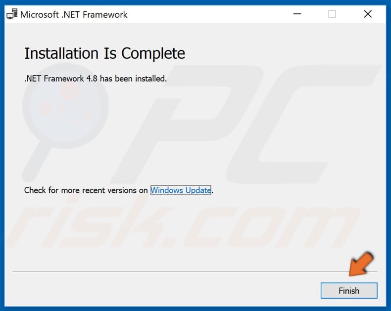 Click Finish once the .NET Framework installation is complete