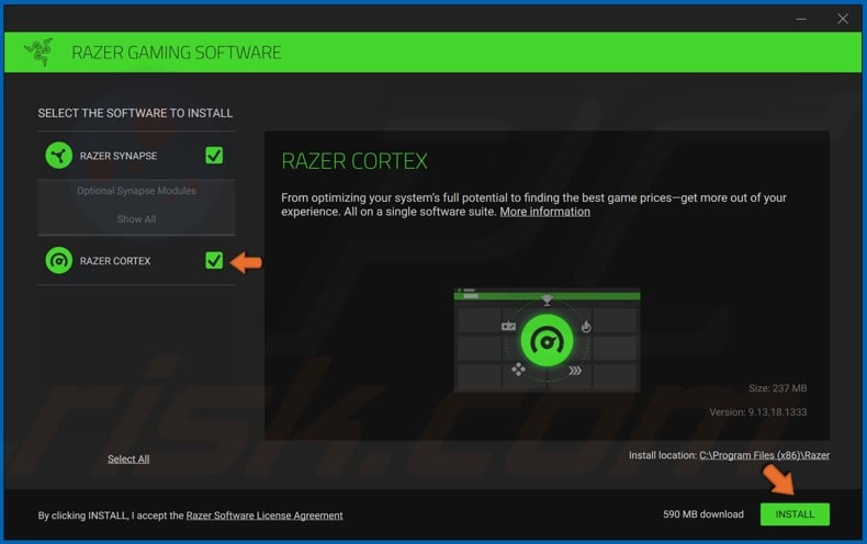 Select Razer Cortex if you want it and click Install