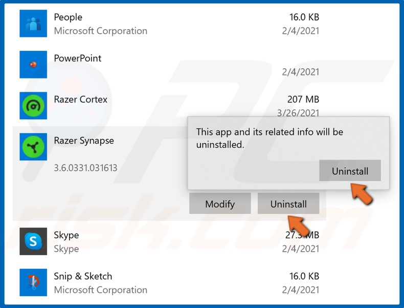Select Razer Synapse or Razer Cortex and click Uninstall