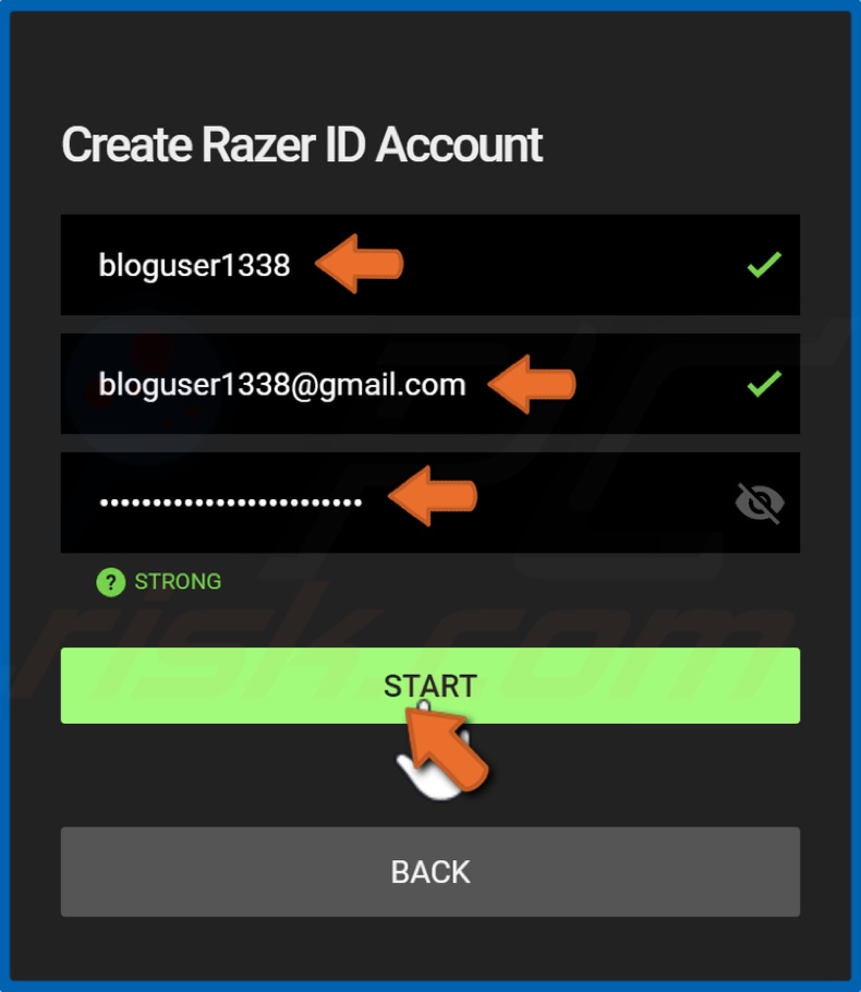 Enter new login cretentials not associated with Razer and click Start