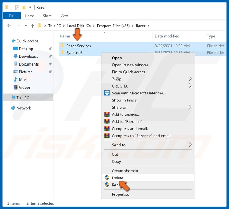 Select, right-click, and delete all of the folders inside the Razer folder