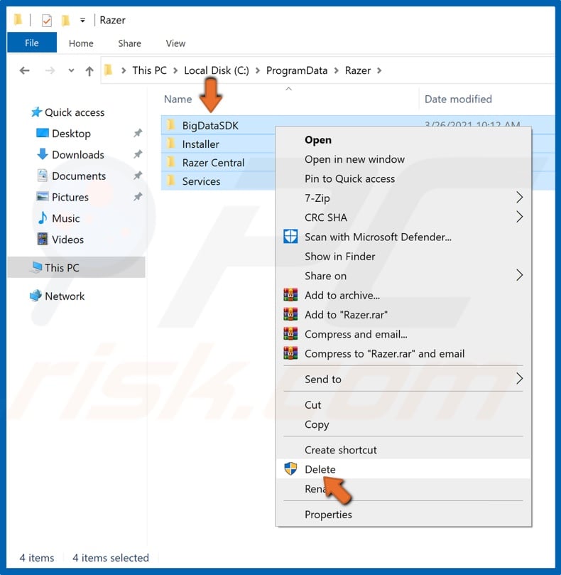 Select all of the files within the Razer folder, right-click them and click Delete