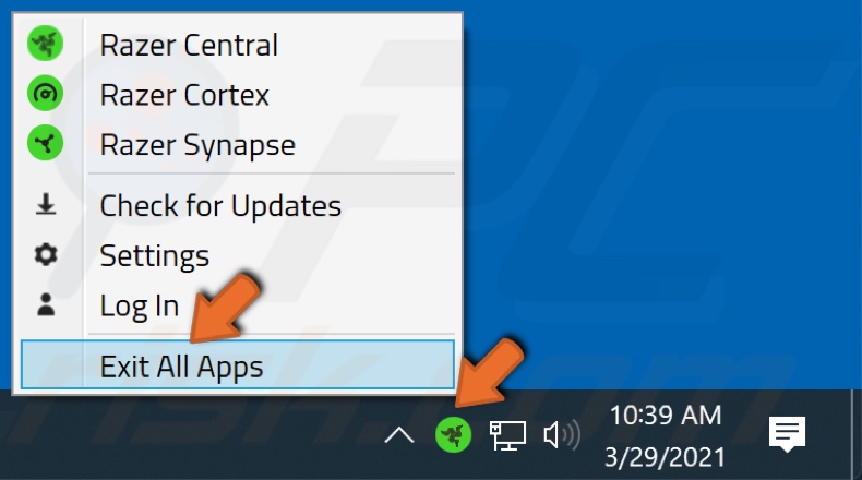 Right-click Razer Central in the Taskbar and click Exit All Apps