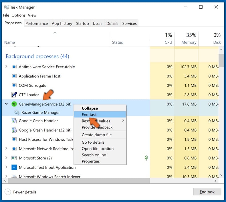 Right-click RazerGameManager service and click End task