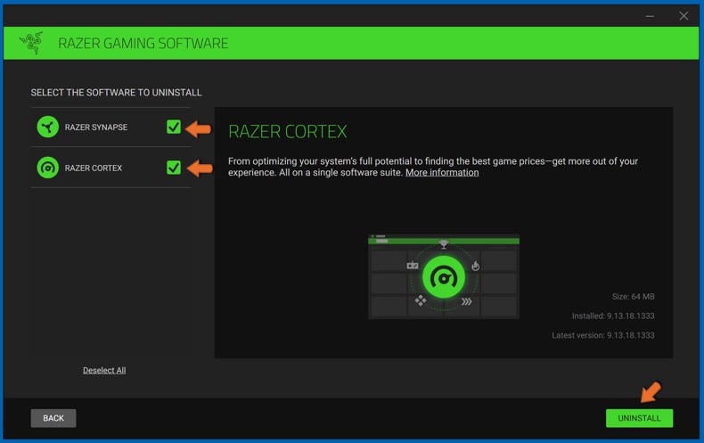 Select Razer Synapse and Razer Cortext and click Uninstall