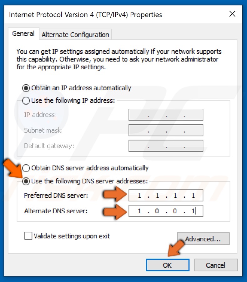 Enter custom DNS server addresses and click OK