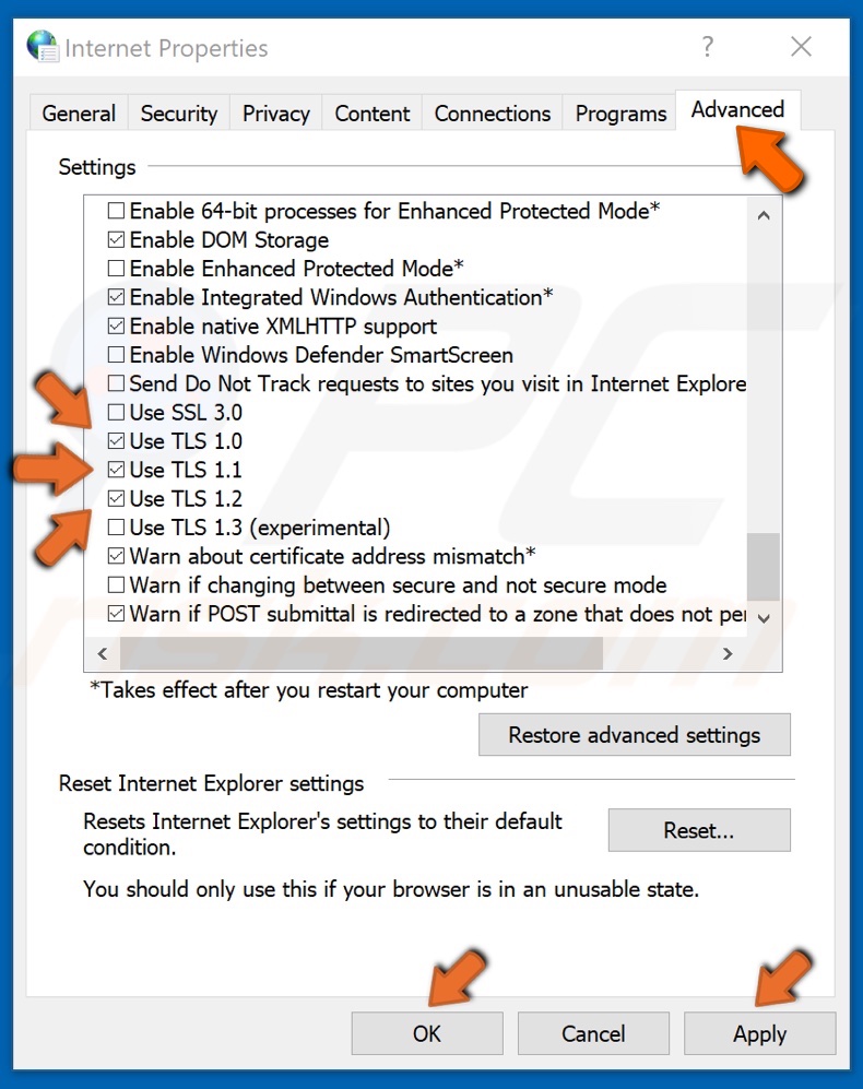 Tick the TLS-related checkboxes and click OK