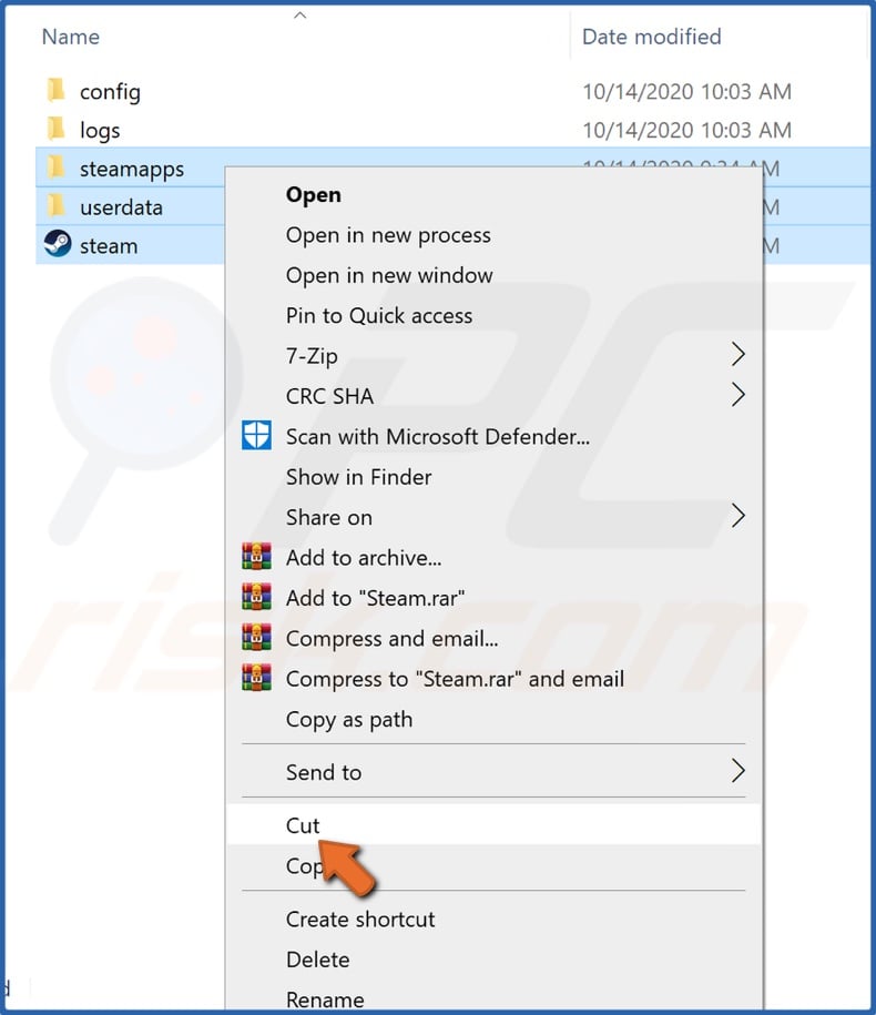 Right-click steamapps userdata and steam executable and click Cut