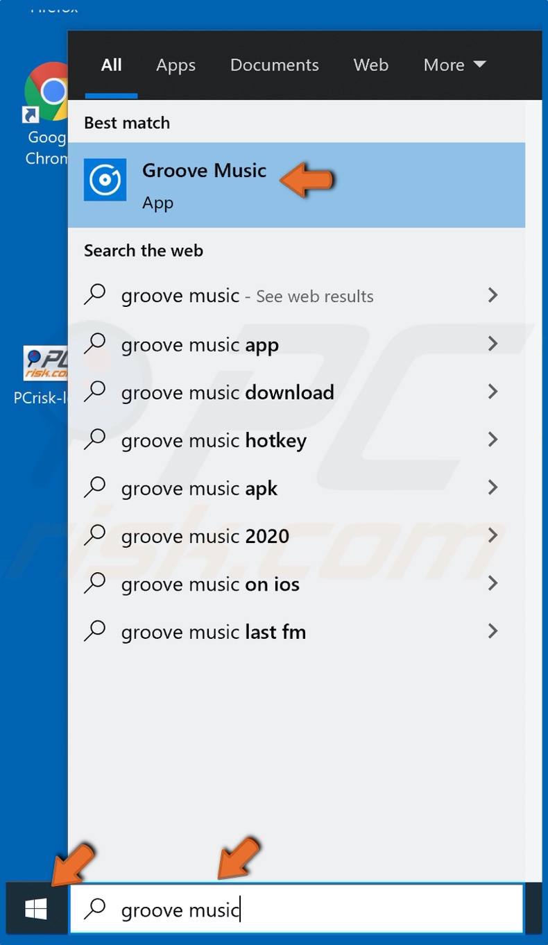 Type in Groove Music in the Search box and click the result