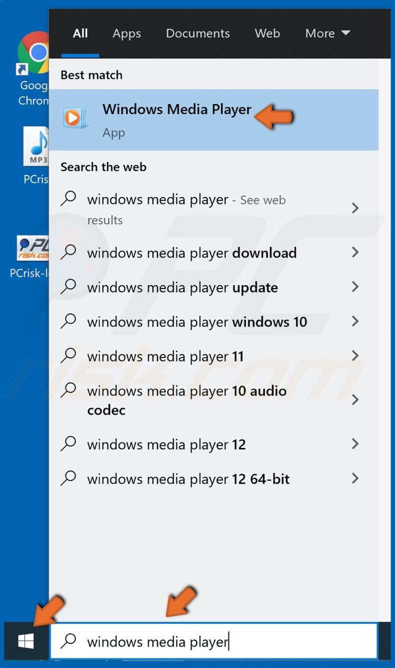 Type in Windows Media Player in the Search box and click the result