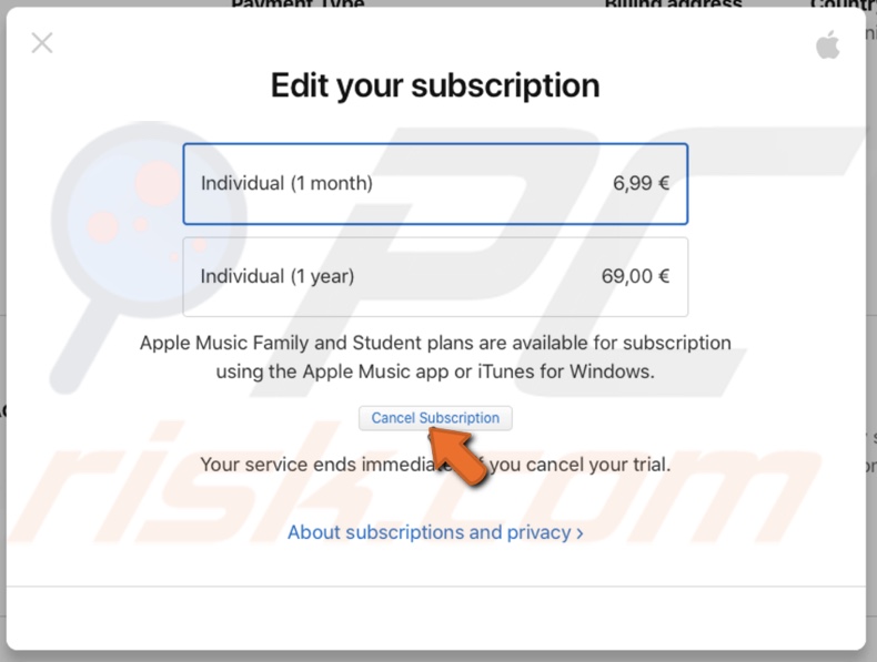 Cancel Apple Music subscription in web