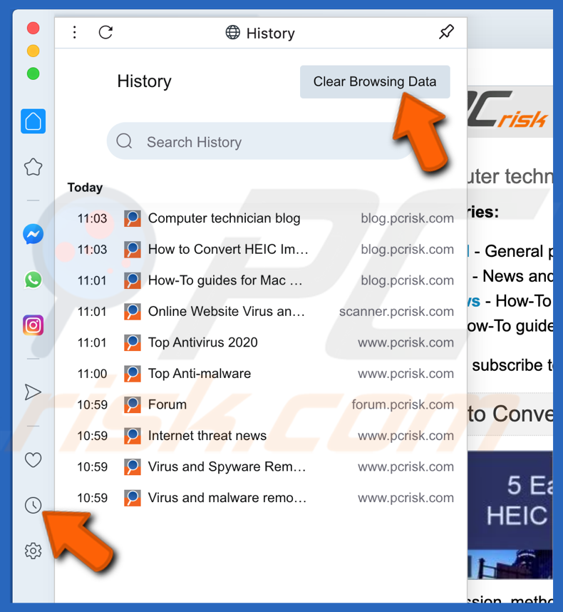 Clear al history in Opera browser