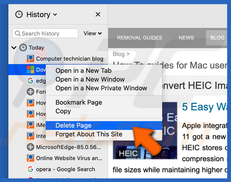 Delete individual page in Firefox browser