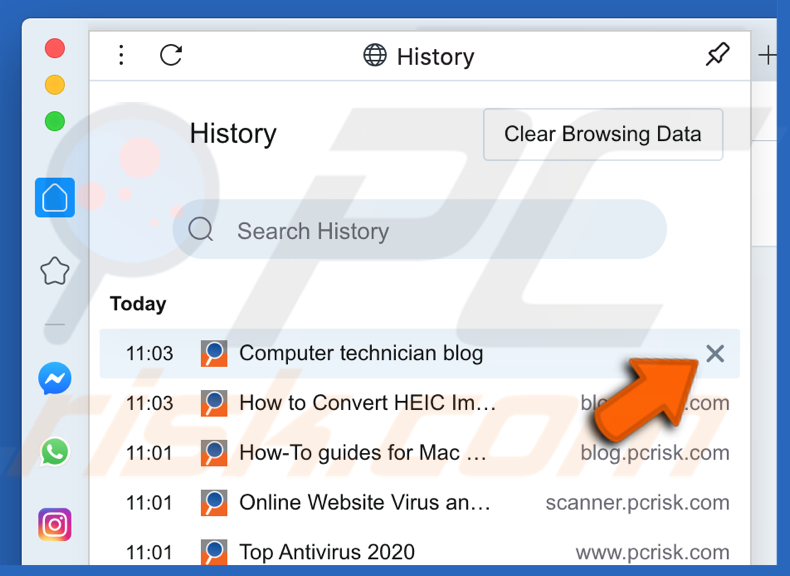 Delete individual page history in Opera browser