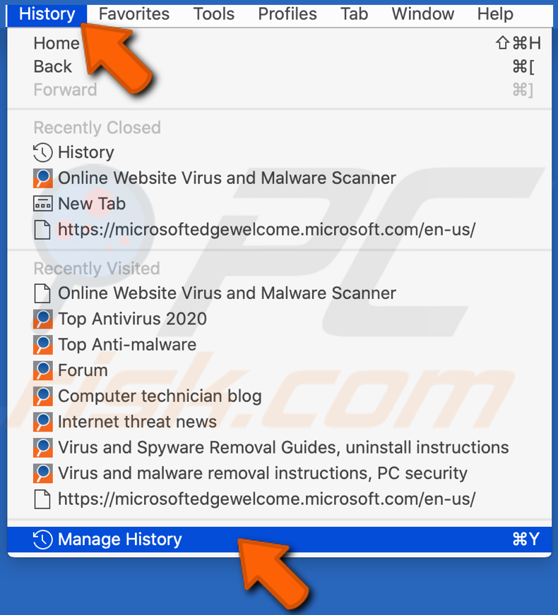Access Edge browser history in menu tab