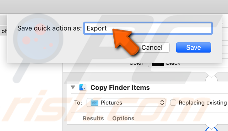 Name created Quick Action to Export