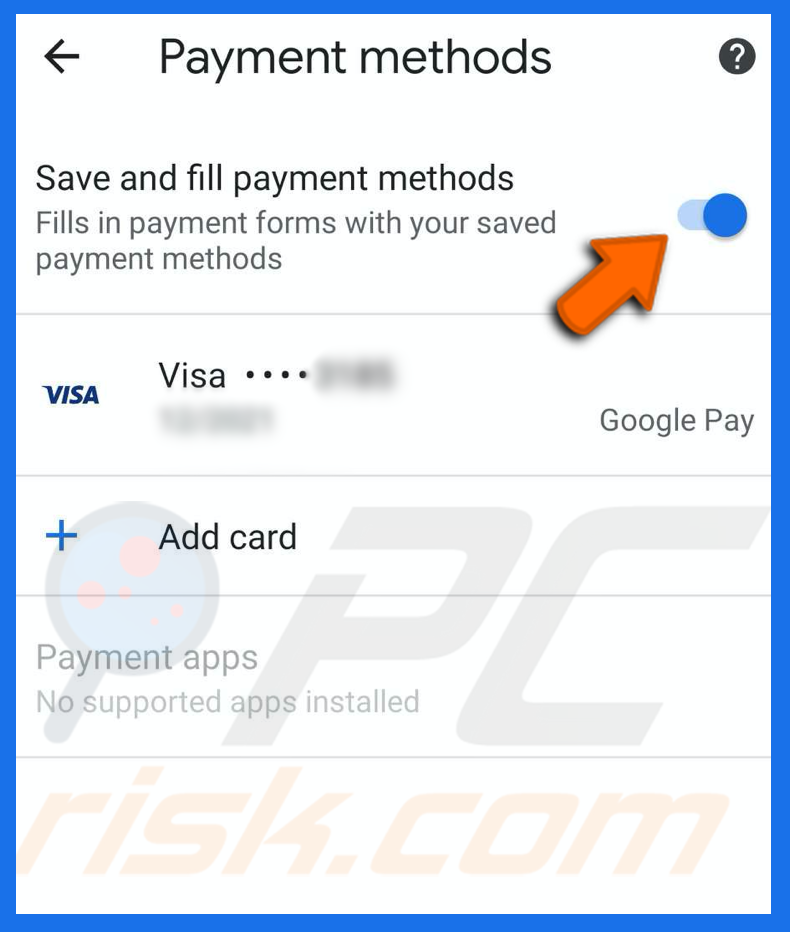 turn off save and fill payment methods in chrome on iPhone