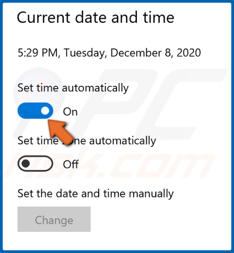 Toggle the Set time to update automatically slider on