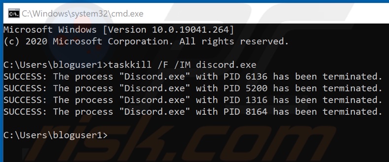 Discord task successfully killed in command prompt
