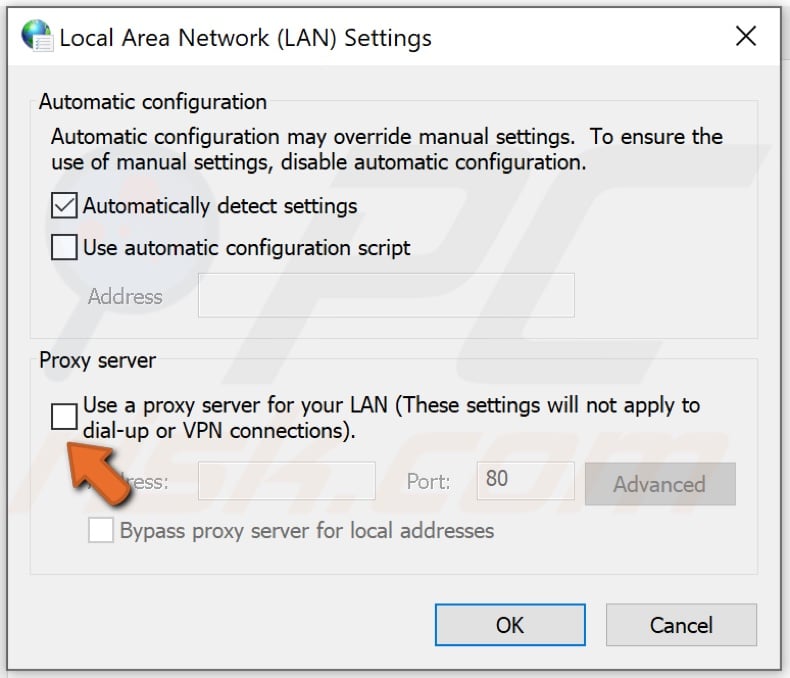 Untick proxy server checkbox