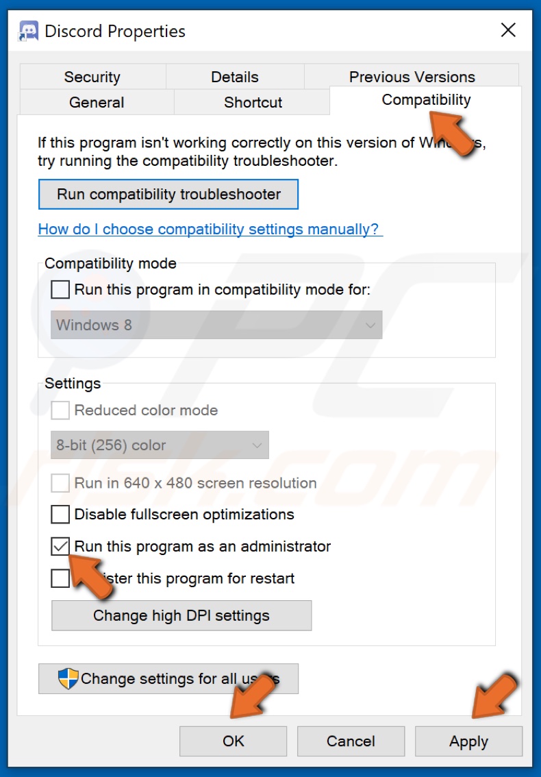 select Compatibility and tick Run this application as an administrator
