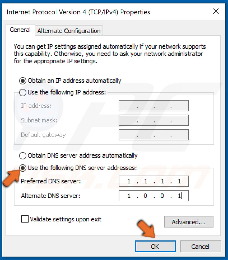 Enter custom DNS server addresses and click OK