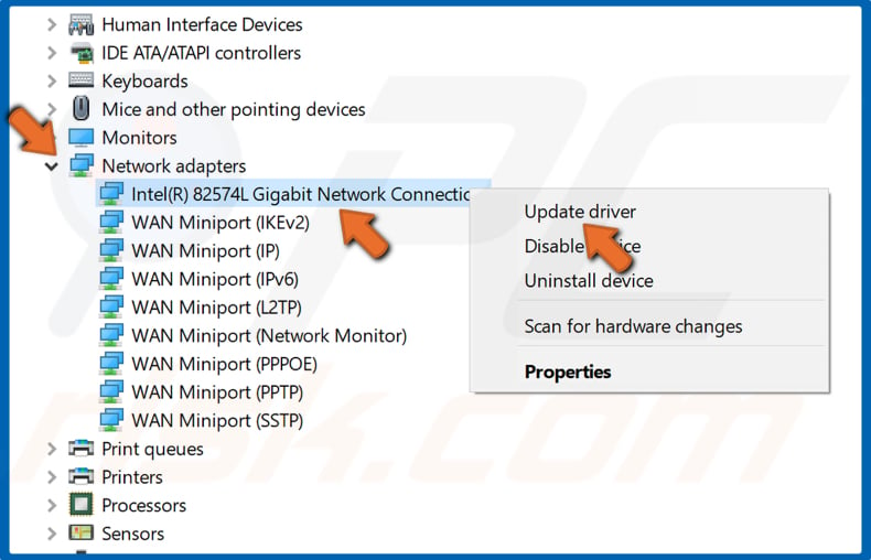 Right-click the Network adapter and click Update driver