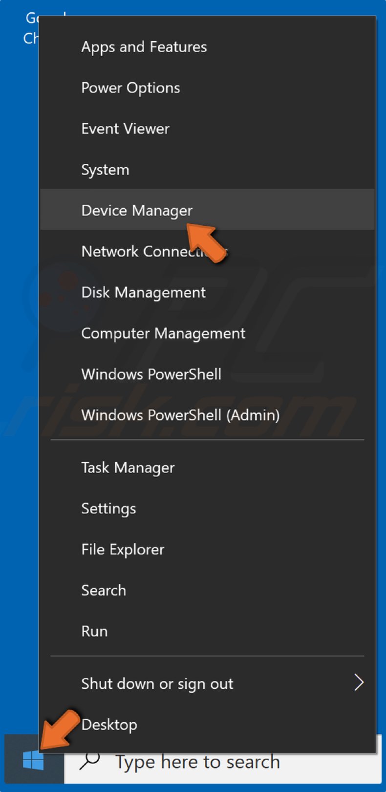 Right-click the Start button and click Device Manager