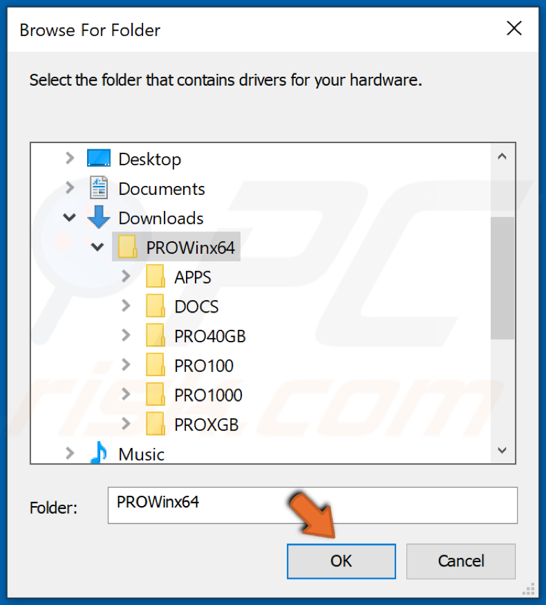 Navigate to the driver folder location and click OK