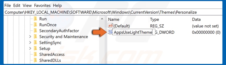Name the new DWORD as AppsUseLightTheme