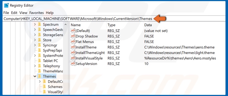 Navigate to HKEY_LOCAL_MACHINESOFTWAREMicrosoftWindowsCurrentVersionThemes