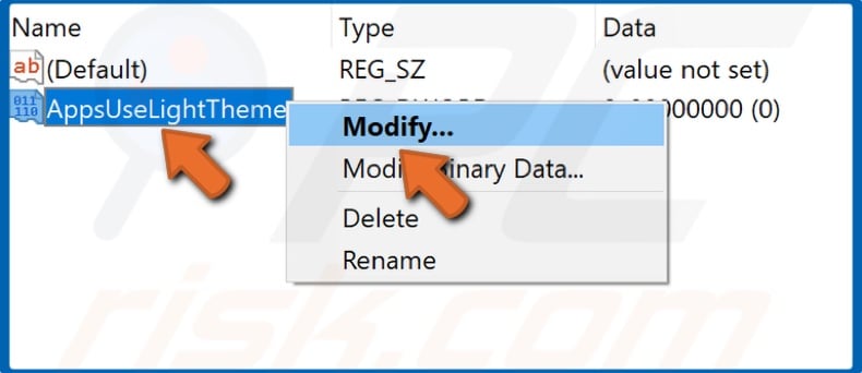 Right-click AppsUseLightTheme and click Modify