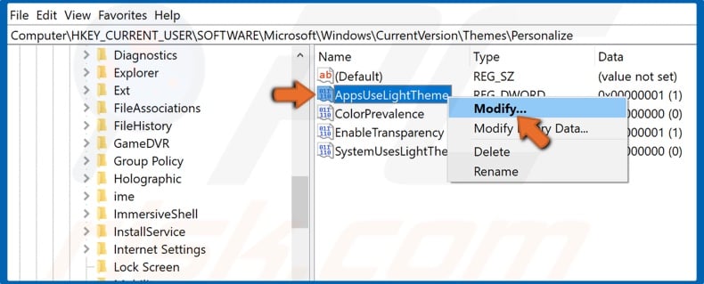 Right-click the AppsUseLightTheme and click Modify