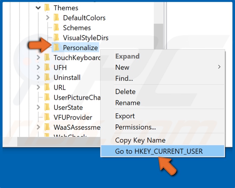 Right-click Personalize and select Go to HKEY_CURRENT_USER