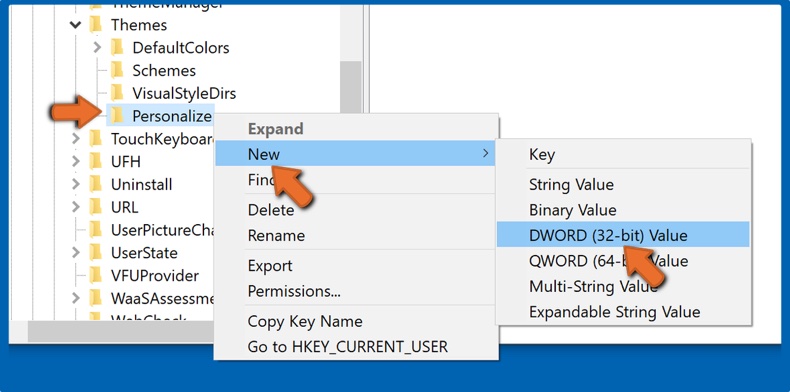 Right-click the new Personalize key and go to New and select DWORD (32 bit) Value