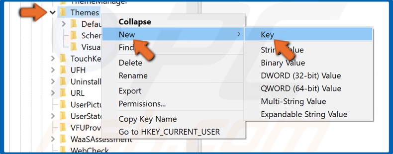 Right-click Themes and go to New and select Key