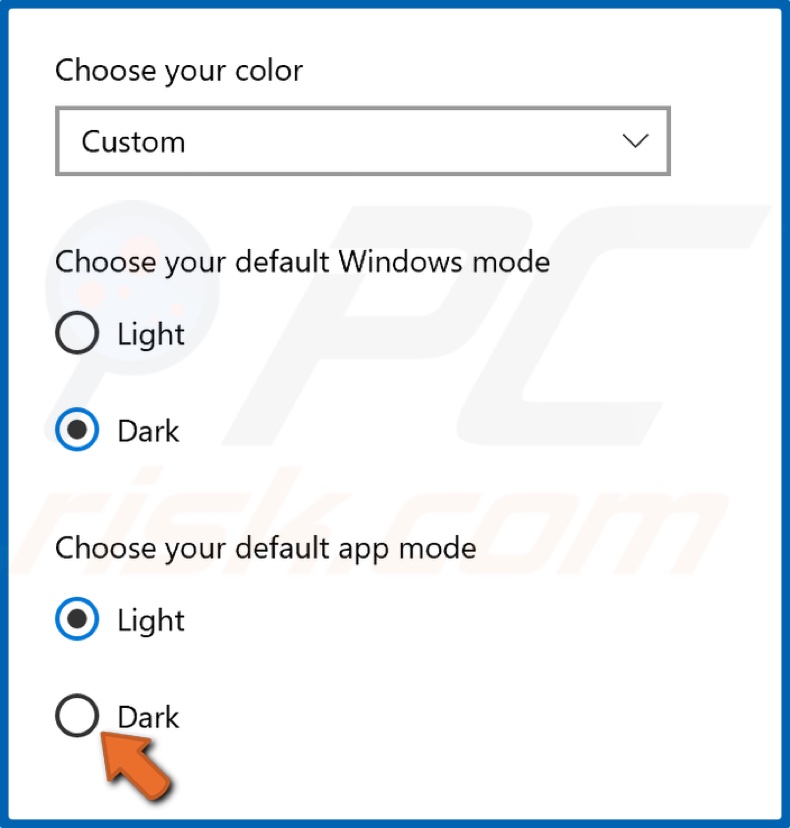 Tick Dark under the Choose your default app mode