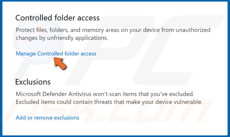 Select Manage controlled folder access