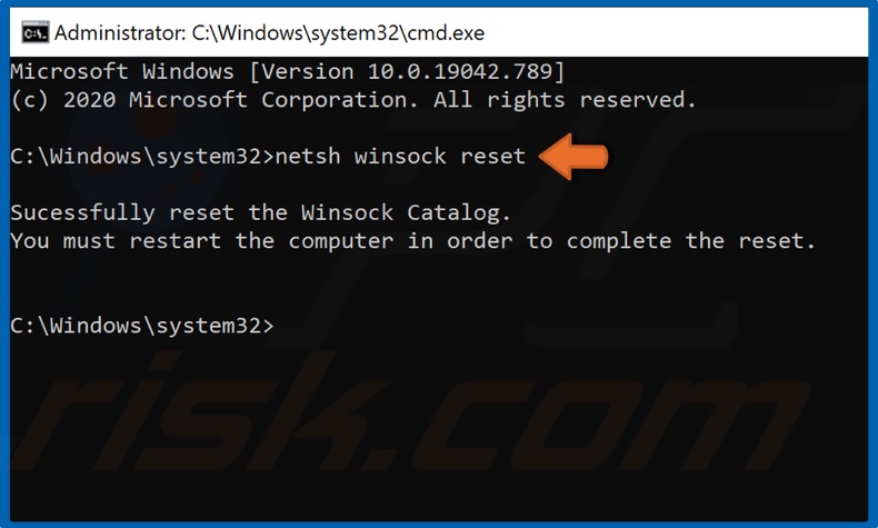 Type in netsh winsock reset in the Command prompt and hit the Enter key