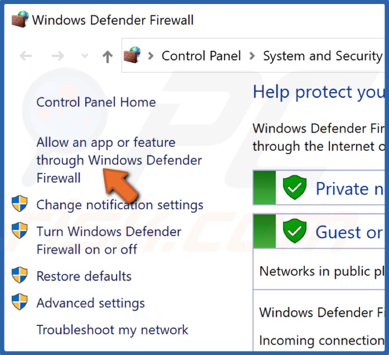 Click Allow an app or feature through Windows Defender Firewall