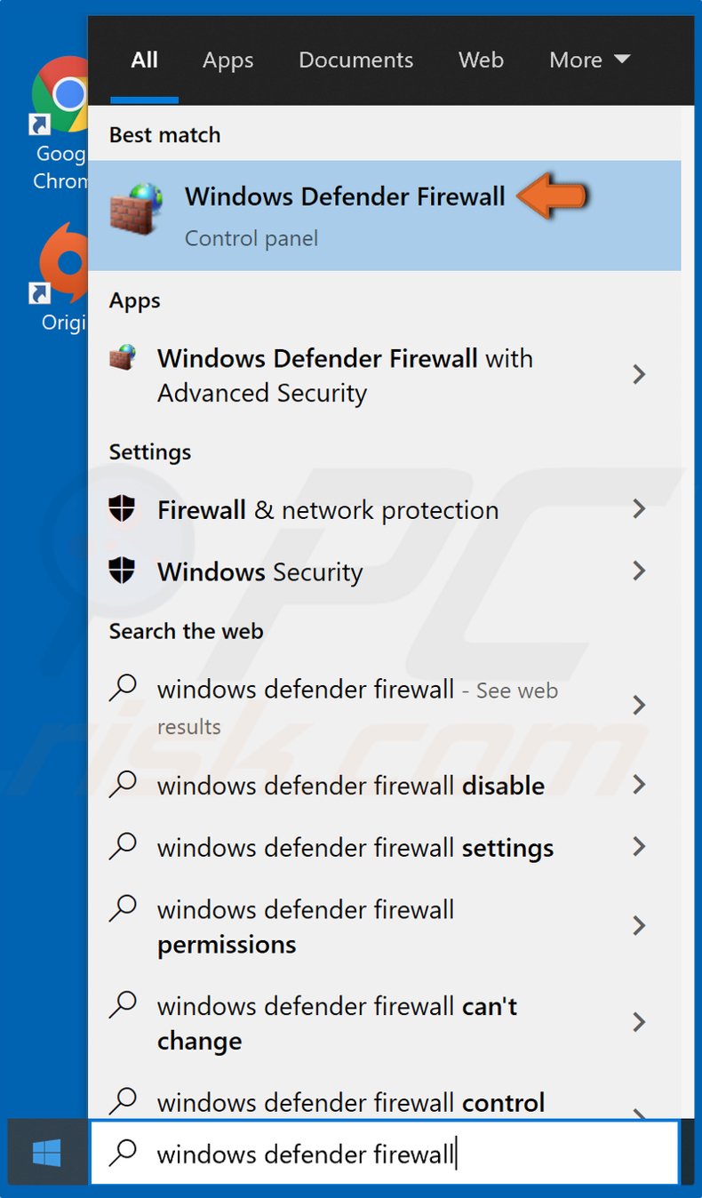 Click Start and type in Windows Defender Firewall