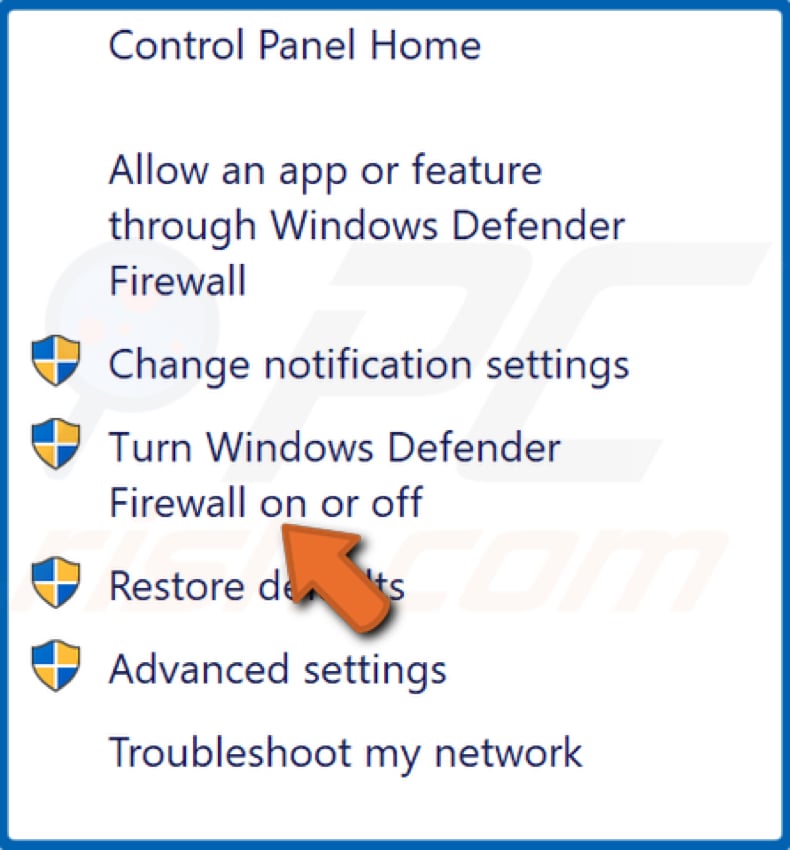 Click Turn Windows Defender Firewall on or off